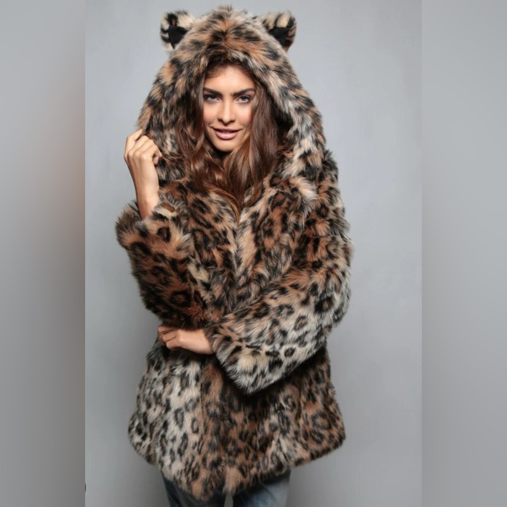 Spirit Hoods Leopard Print Faux Fur Coat hooded with ears SOLD OUT Sz Medium
